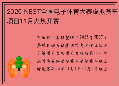 2025 NEST全国电子体育大赛虚拟赛车项目11月火热开赛